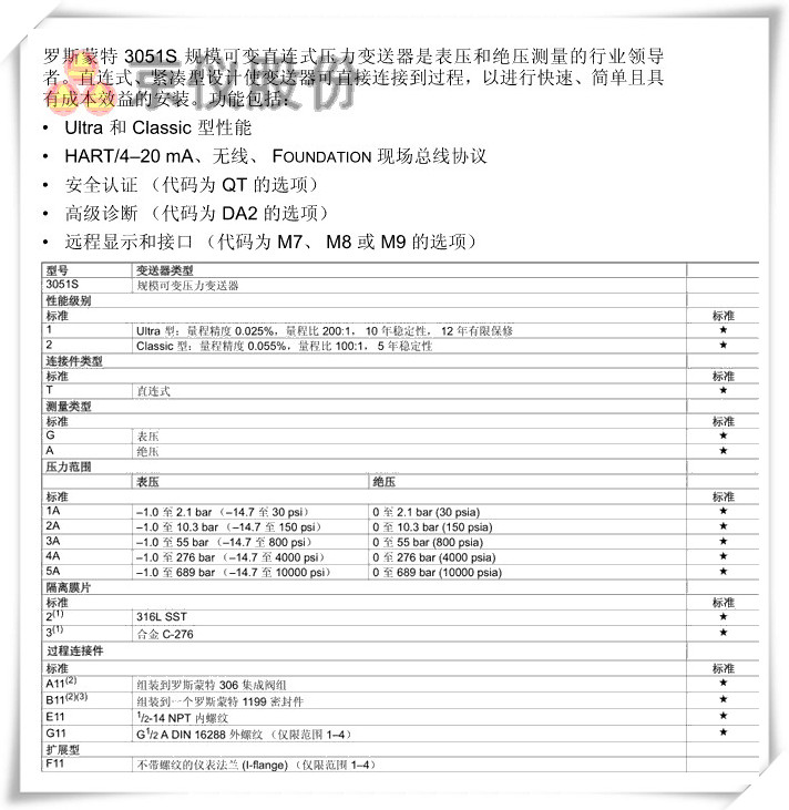 罗斯蒙特 3051S 规模可变直连式压力变送器